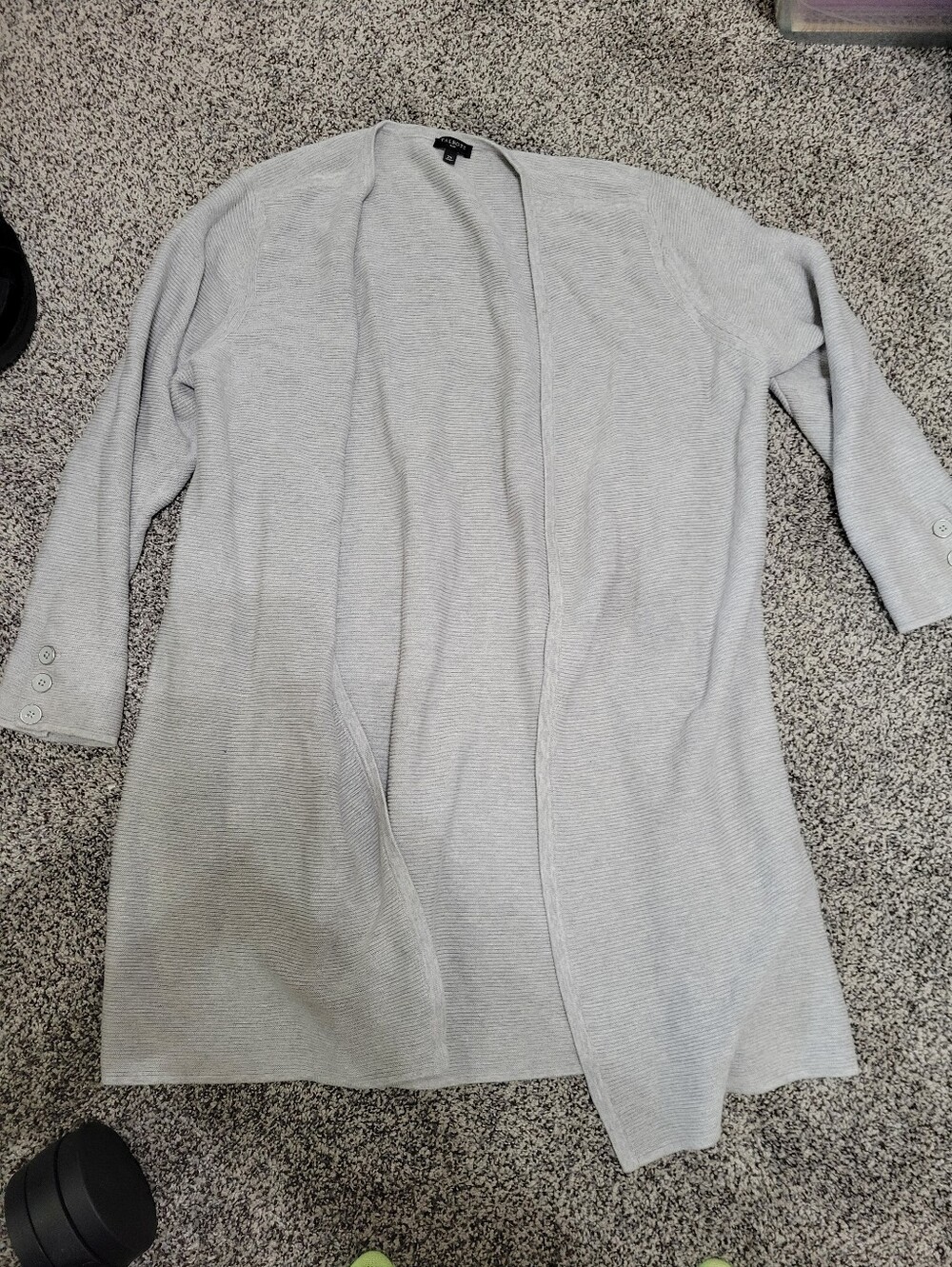 Talbots Light Gray Open-Front Midi Ribbed Cardigan With Button Accent On Cuffs